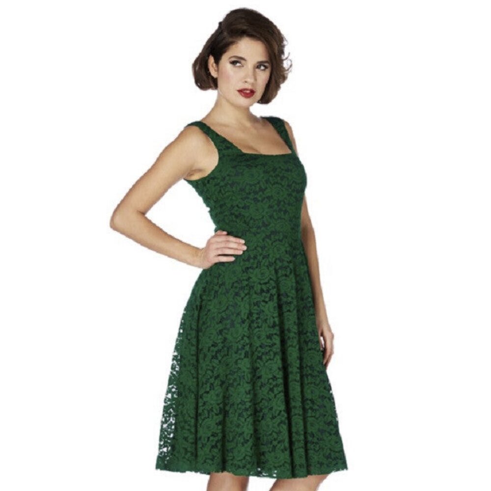 Vintage Inspired Green Rose Lace Flare Party Dress, Summer Dark Green Dress , S,